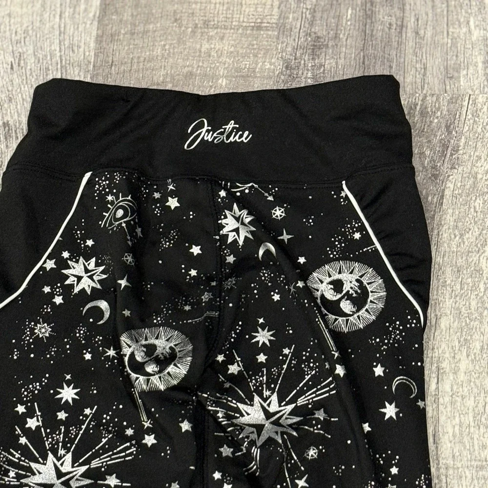 Justice Celestial Galaxy Girls Leggings Size 12 Black‎ Silver Star Moon Athletic